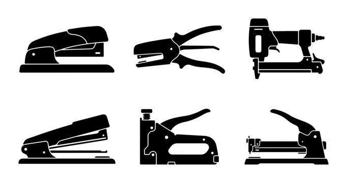 Office Staplers and Tackers, Industrial Tools Set, Black Vector Icons for Construction and Stationery