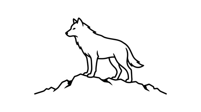 Minimalist line art illustration of a majestic wolf standing on a rocky mountain peak.