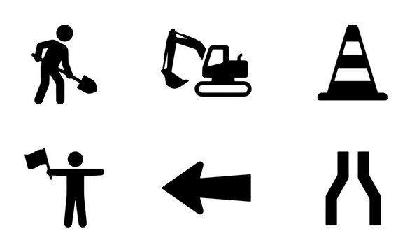 Construction Icons Set: Worker, Excavator, Cone, Flagman, Arrow, Road Divergence