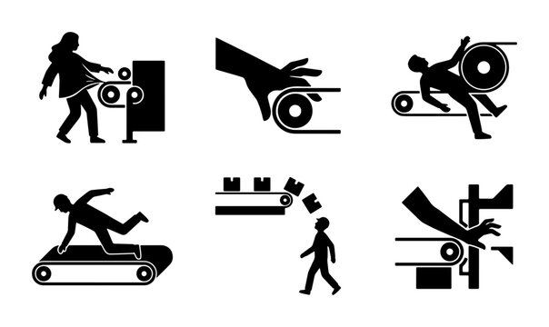 Industrial Safety Icons: Conveyor Belt Hazards, Warning Signs, Machine Danger, Worker Injury Prevention