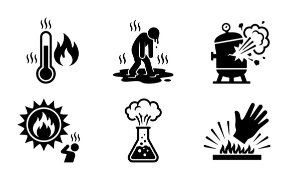 Heat and Danger Icons: Temperature, Overheating, Pressure, Sunburn, Explosion, Hot Surface
