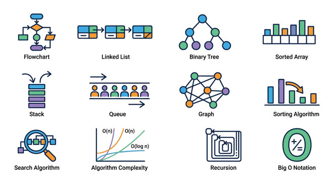 Elegant Visual Guide to Essential Data Structures and Algorithms with Colorful Icons and Diagrams