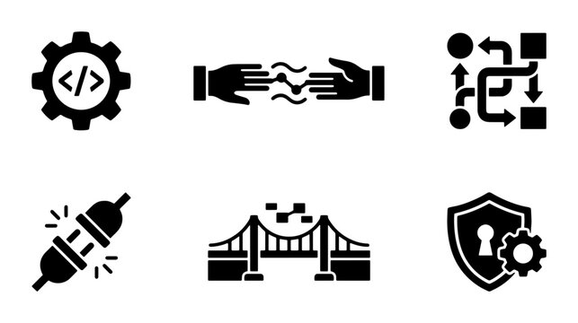 Technology Icons: Code, Connection, Flowchart, Security, Bridge, Network Concepts