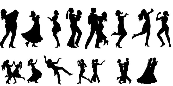 Silhouette dancers set with black figures in dynamic dance poses featuring clean minimalist vector, black and white, profile perspective with sharp edges and mid-motion