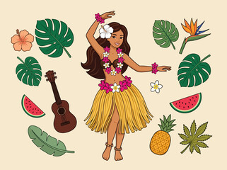 Hawaiian Hula Dancer with Tropical Flowers and Ukulele Illustration Set © Hasanah