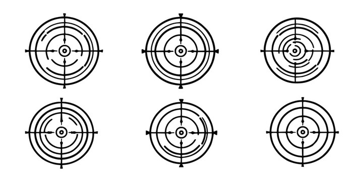 Targets set with six 2x3 grid designs featuring concentric circles, crosshairs, dots with minimal black and white vector lines and symmetry
