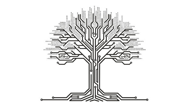 Intricate abstract tree shaped like a technology circuit board is covered with binary data and digital code leaves.