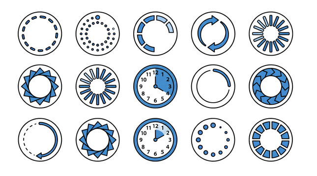 Circular loading spinner and progress indicator vector icon set with dashed dotted segmented and arrow designs for user interface