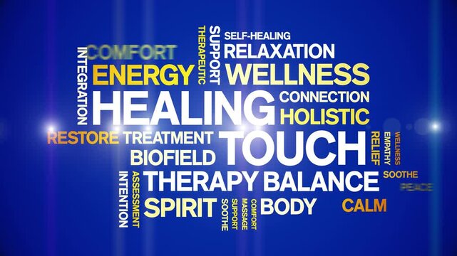 Healing Touch animated word cloud-text design animation tag kinetic typography seamless loop.