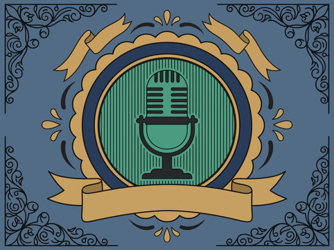 Vintage Retro Microphone Badge with Banners for Podcast and Radio Branding