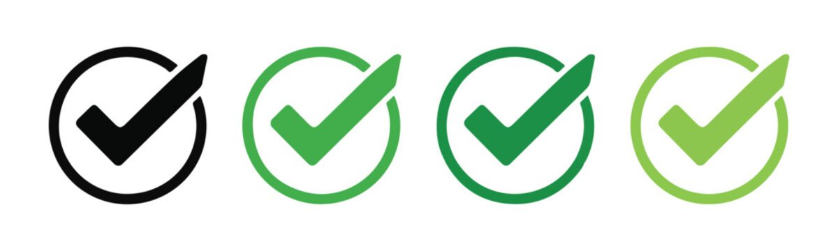 Check mark icons in circle isolated on transparent background, set of different styles and colors.
