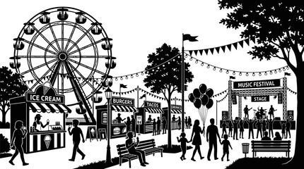 Obraz premium Summer music festival scene with ferris wheel food stalls with depicts lively summer stalls concert stage