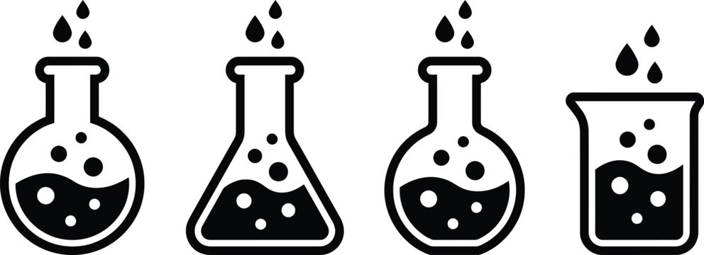 A set of four black laboratory glass icons featuring rounded flasks and beakers with bubbling liquid and falling droplets rendered in a clean flat style.