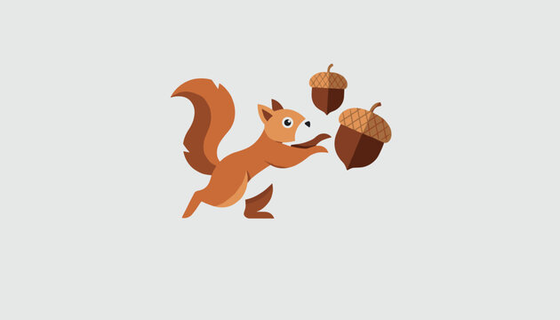 Cute cartoon squirrel holding and reaching for a pair of delicious brown acorns on a clean grey background.