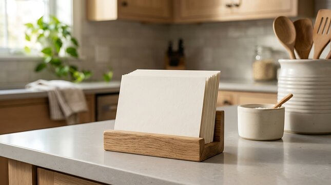 Blank white recipe card in a wooden stand on a modern kitchen counter. basic recipe cards