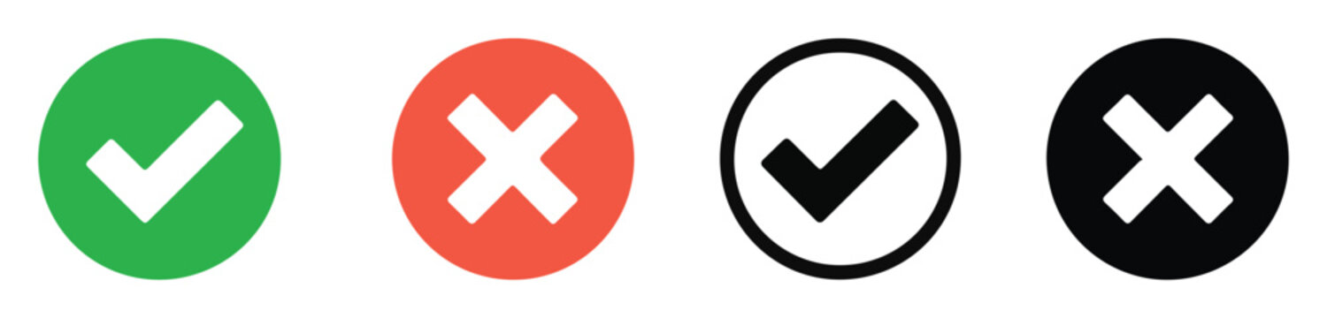 Collection of check and cross mark buttons with simple circular frames for digital user interfaces.