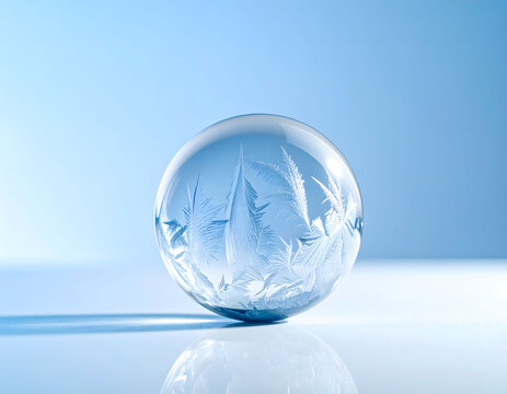 Crystal glass ball with leaf reflections.
