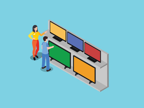 Customer Choosing Television in Electronics Store with Assistant 3d isometric vector illustration