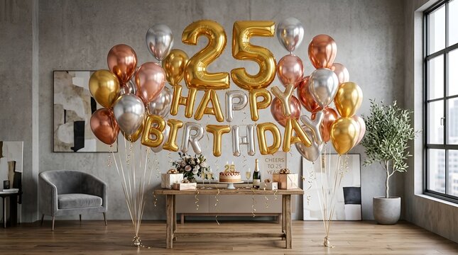 Happy 25th Birthday Celebration Balloons and Table Decor in Modern Room
