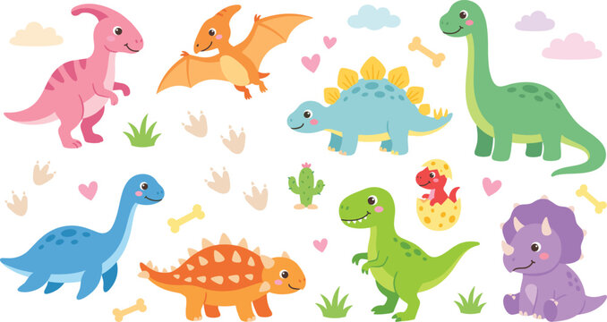 Cute Dinosaur Cartoon Character Vector Set with Tyrannosaurus Rex Triceratops Stegosaurus and Brachiosaurus Illustrations for Kids Room Decor Nursery Prints and Patterns