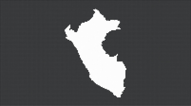 Detailed halftone dot pattern map of Peru isolated on a dark background. This creative vector illustration represents the geographical shape of the South American country.