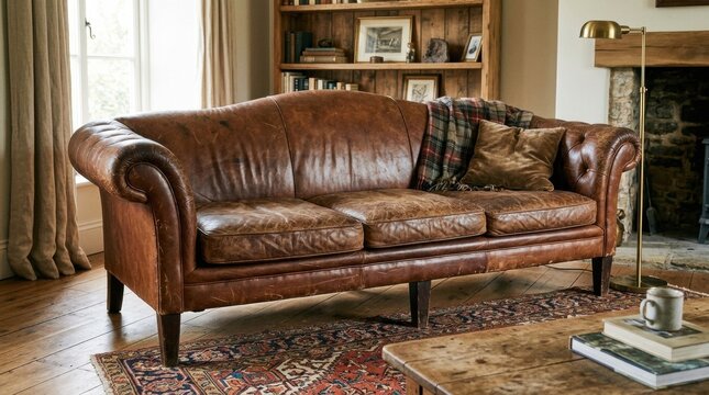 Classic Design Brown Leather Sofa with Aged Appearance A solitary old couch on white background