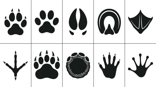 Animal Paw Print and Track Silhouette Icon Set with Wildlife Feet Marks for Hunting Guides Nature Education Tracking Signs and Outdoor Adventure Graphics