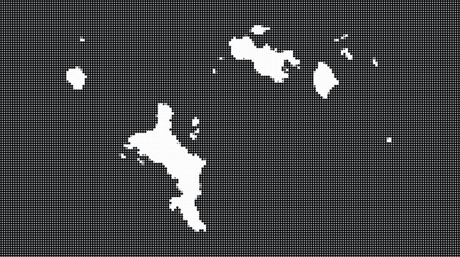 Artistic halftone dot pattern map of Seychelles, an island country in the Indian Ocean, shown as a white silhouette on a dark black background for creative graphic design.