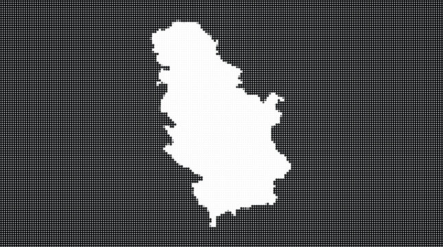 Detailed halftone dot pattern map of Serbia, a landlocked country in Southeast Europe, presented as a white silhouette on a dark black background for professional design.