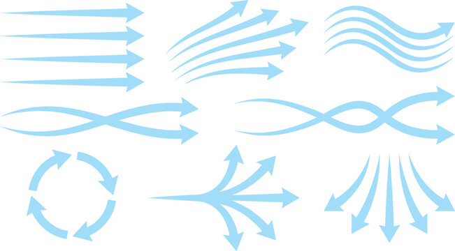 Blue Wind and Air Flow Arrow Icon Set with Curved Motion Lines and Climate Stream Symbols for Weather Infographics and Ventilation Systems