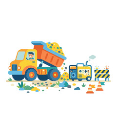 Naklejka premium A colorful cartoon dump truck unloads sand at a construction site featuring a generator, traffic cones, and barriers on a white background.