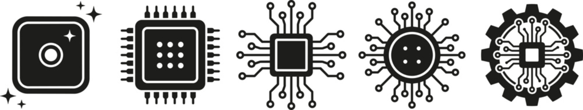 Microchip and Circuit Board Icon Set with Electronic Processor Hardware and Cyber Technology Symbols for Computer Engineering and Digital System Designs