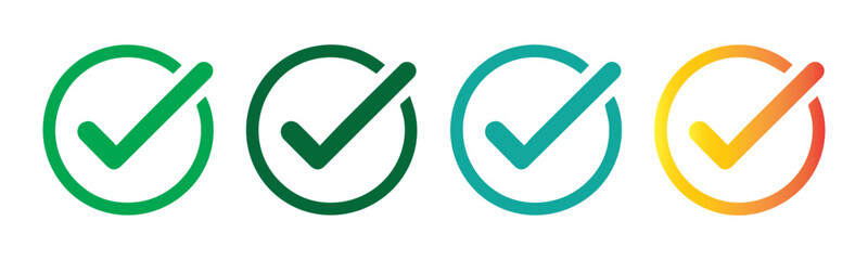 Set of four check mark icons in varying shades of green, blue and an orange gradient. © MSTNASIMA