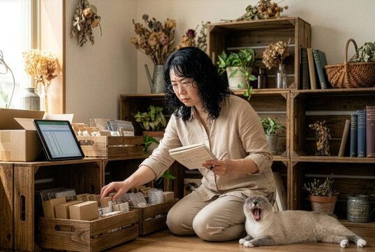 A Japanese woman running a home-based small business focuses intently on counting inventory and checking stock with a notebook and tablet, while her cat yawns lazily beside her, unbothered by the work