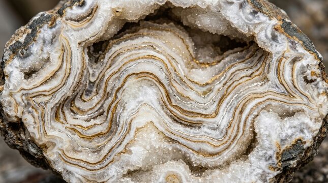 Close-up of a unique patterned geode with wave-like Elegant marble layered beige, gold,