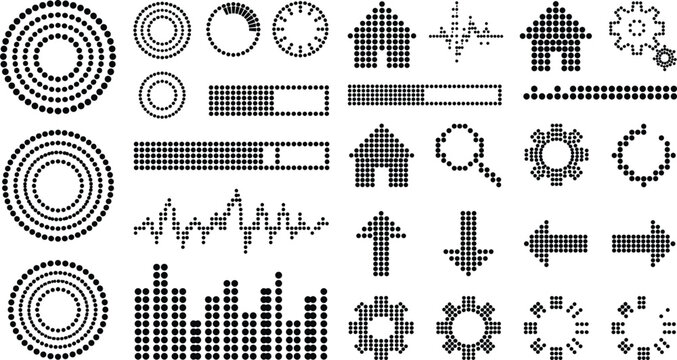 Dot Matrix Digital Icon Set with Halftone Loading Bars Audio Waves Arrows and Interface Elements for Web Application and Technology UI Designs