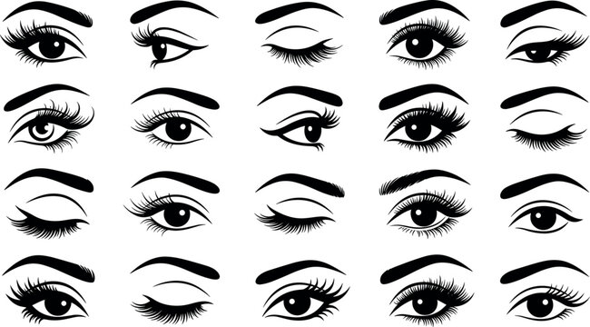 Set of beautiful female eyes with long eyelashes and eyebrows