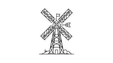 Obraz premium Outline illustration of a traditional windmill with four sails against a white background