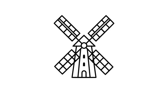 Minimalist windmill icon line art, simple dutch mill illustration on white background