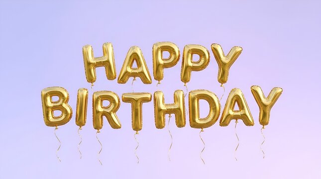 Golden Happy Birthday balloons on pastel purple background