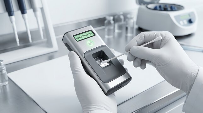 Scientist using handheld device to authenticate lab sample