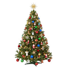 Fototapeta premium Colorful christmas tree with ornaments and star topper isolated on transparent background