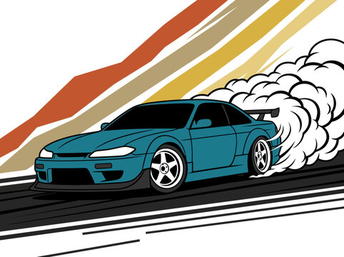 Blue JDM Drift Car Vector Illustration with Retro Background