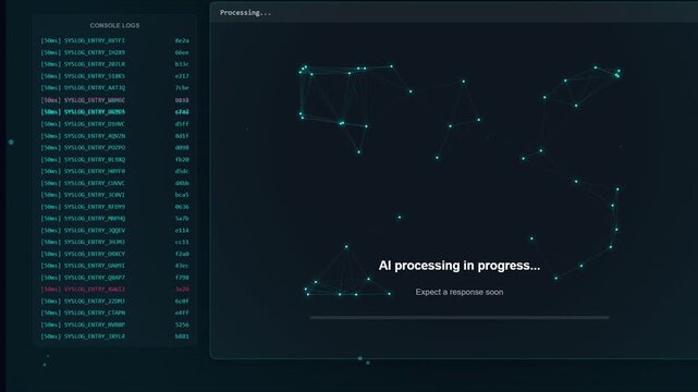 Digital data analysis interface showing complex network connections and scrolling code on a dark background, futuristic technology concept for big data and AI