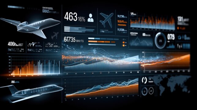 Futuristic aviation data analysis with holographic display of aircraft, charts, and graphs. The screen shows statistics, performance metrics, and flight data.