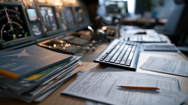 A detailed shot of a control panel with various screens, keyboards, and documents, suggesting a high-tech command center or operational hub