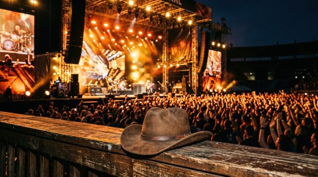 Cowboy hat on wooden surface in front of Live concert or rodeo with country music festival