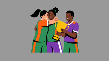 Diverse Championship Team Embracing with Golden Trophy, Flat Vector Illustration of Celebration and Victory, Vibrant Green, Purple, and Orange Sports Uniforms