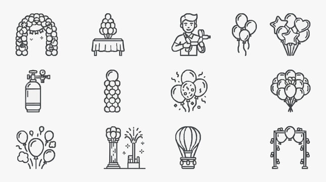 Corporate Party Decorations and Balloon Arrangement Icons Set in Black and White Line Art Style