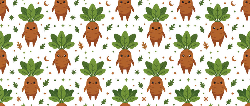 Cute Mandrake Pattern, Kawaii Root Vegetable Character, Magical Plant Art